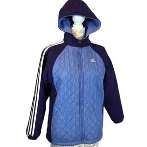 Adidas quited hooded reversible to fleece coat In purple & blue size XL